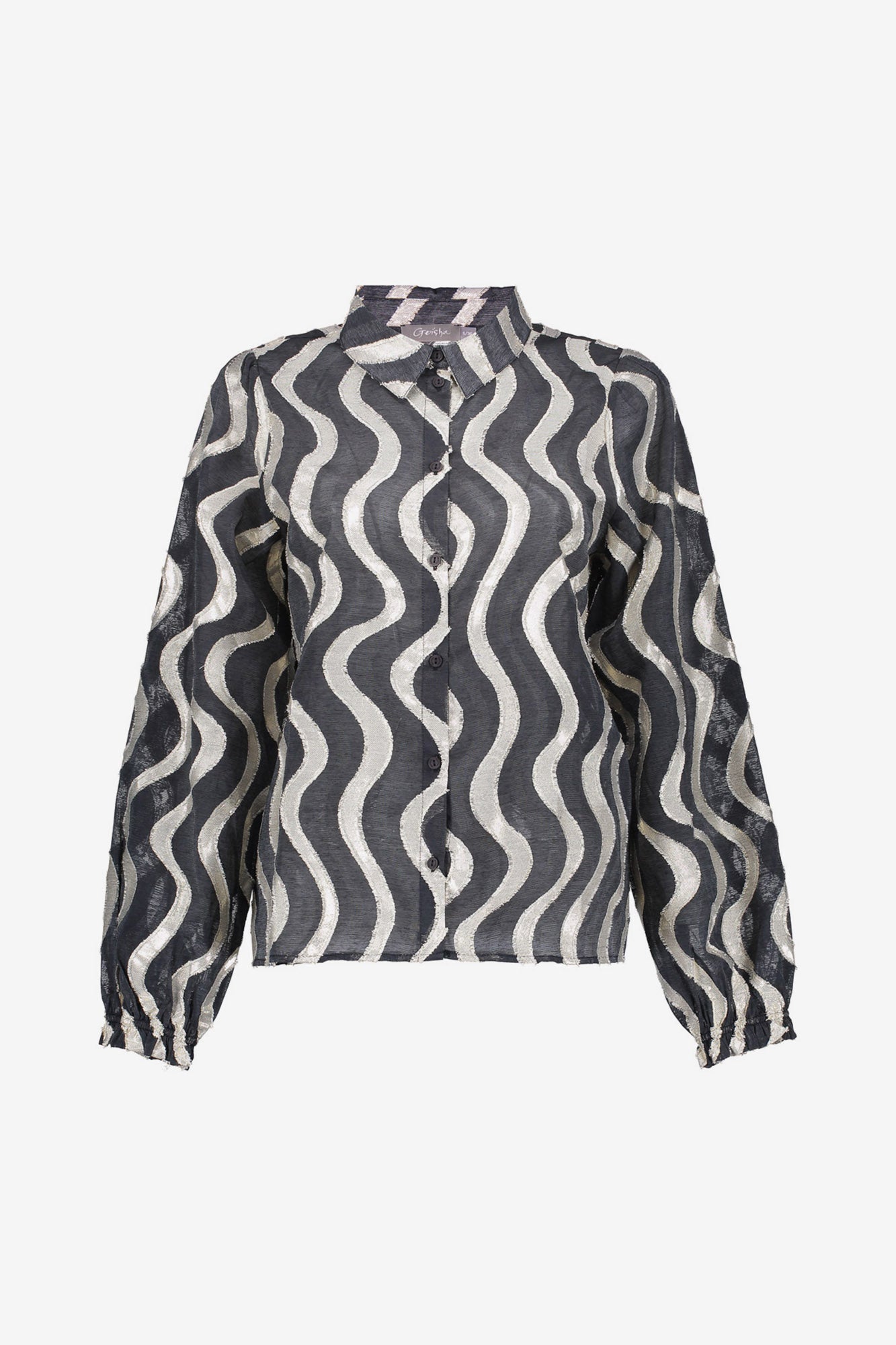 Geisha dames zwarte blouse met metallic waveprint en glanzende details