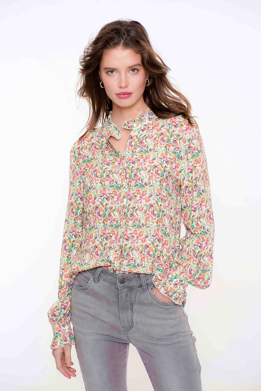 Geisha dames blouse bloemen print geruffeld