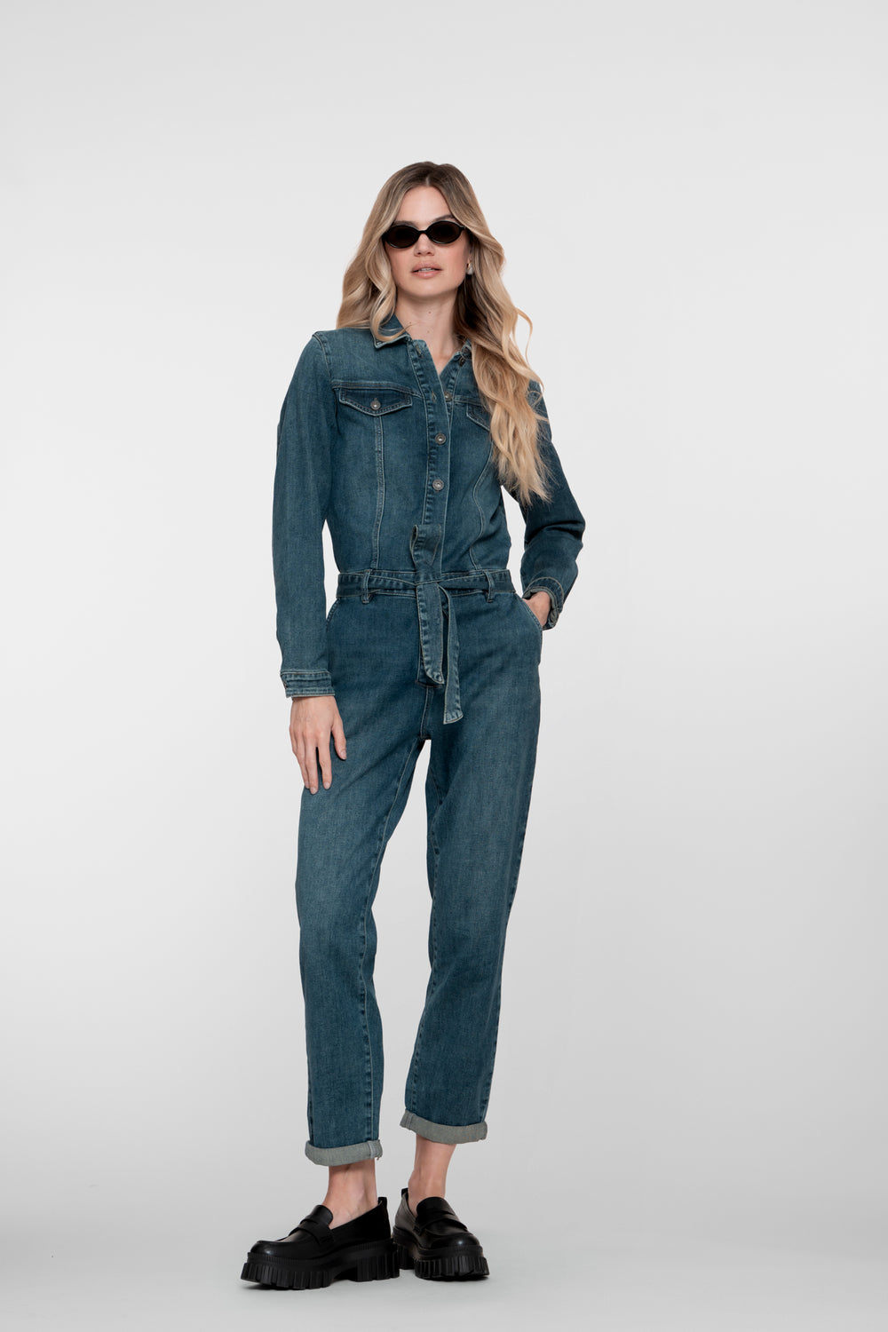 Geisha dames denim jumpsuit met ceintuur