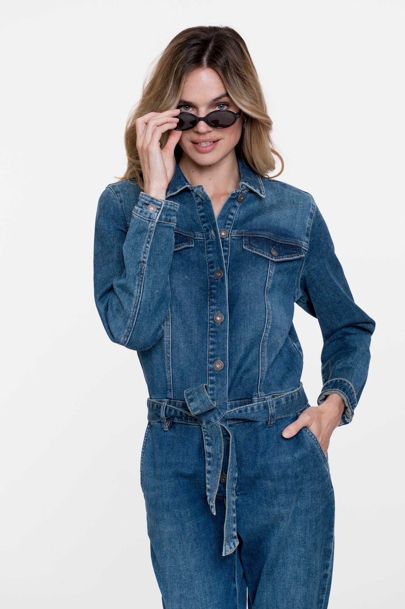 Geisha dames denim jumpsuit met ceintuur