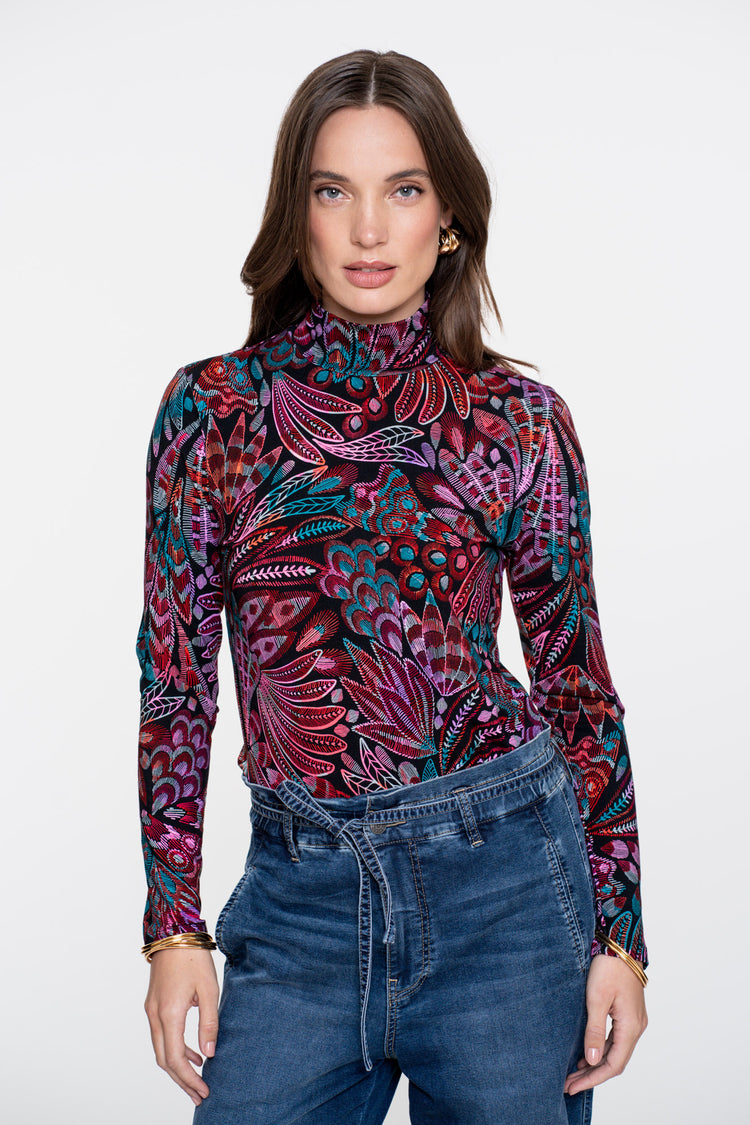 Geisha dames top met turtleneck en kleurrijke print