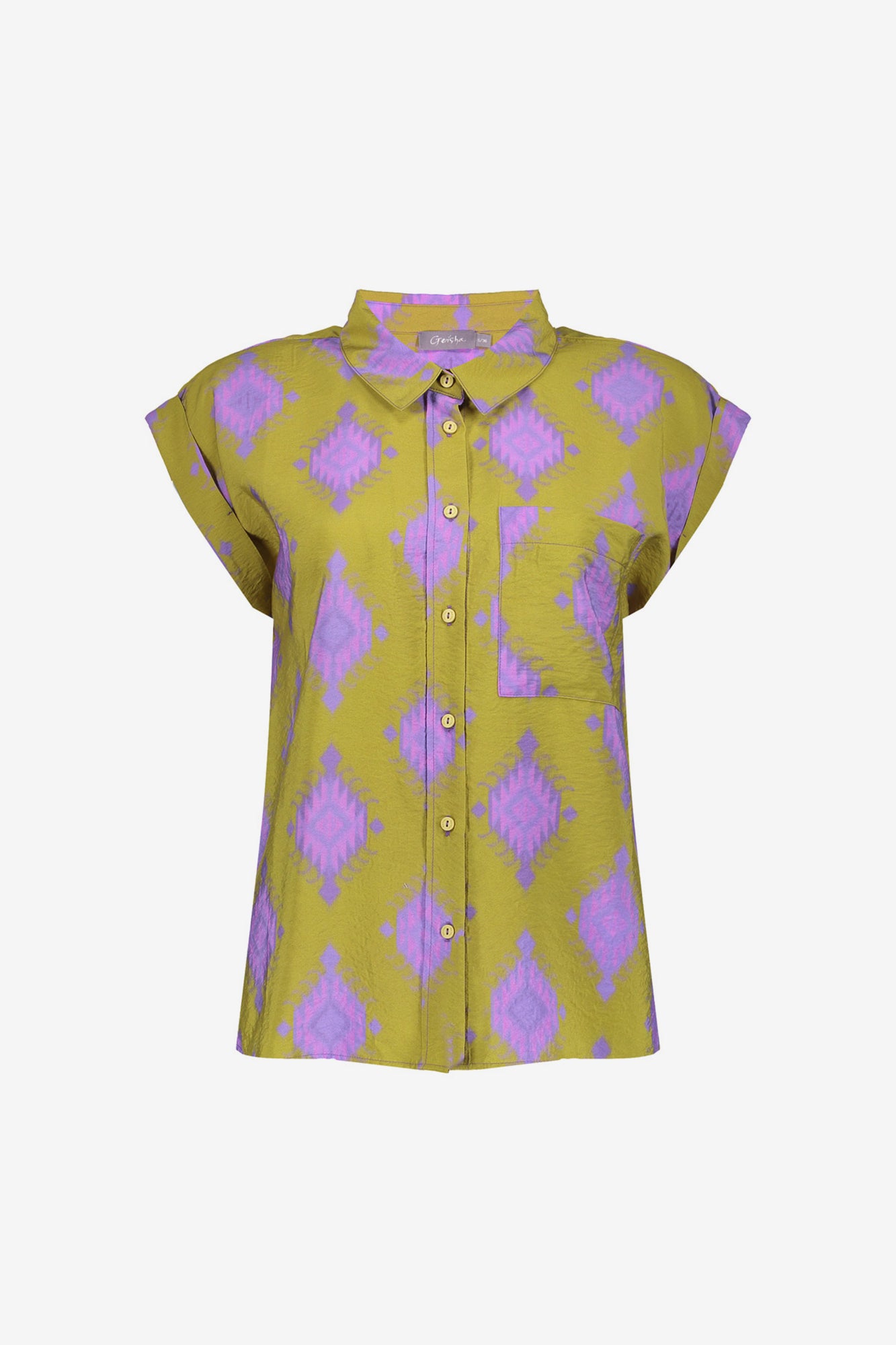 Geisha Fashion shirt, buttoned with geometric patterns, against white.
