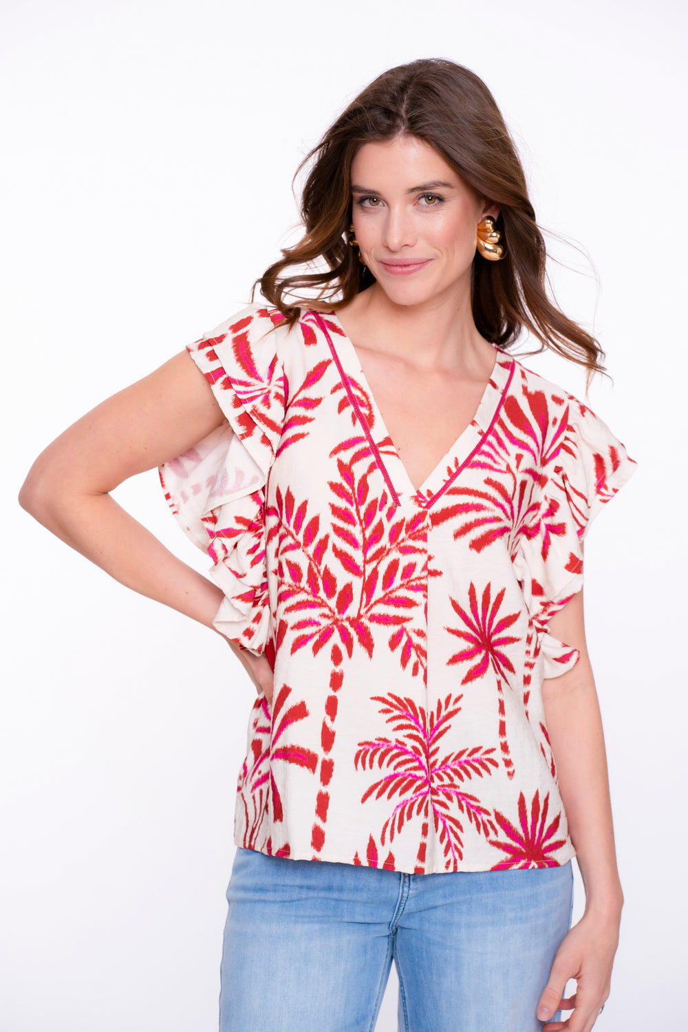 Geisha dames top met grafische palmprint