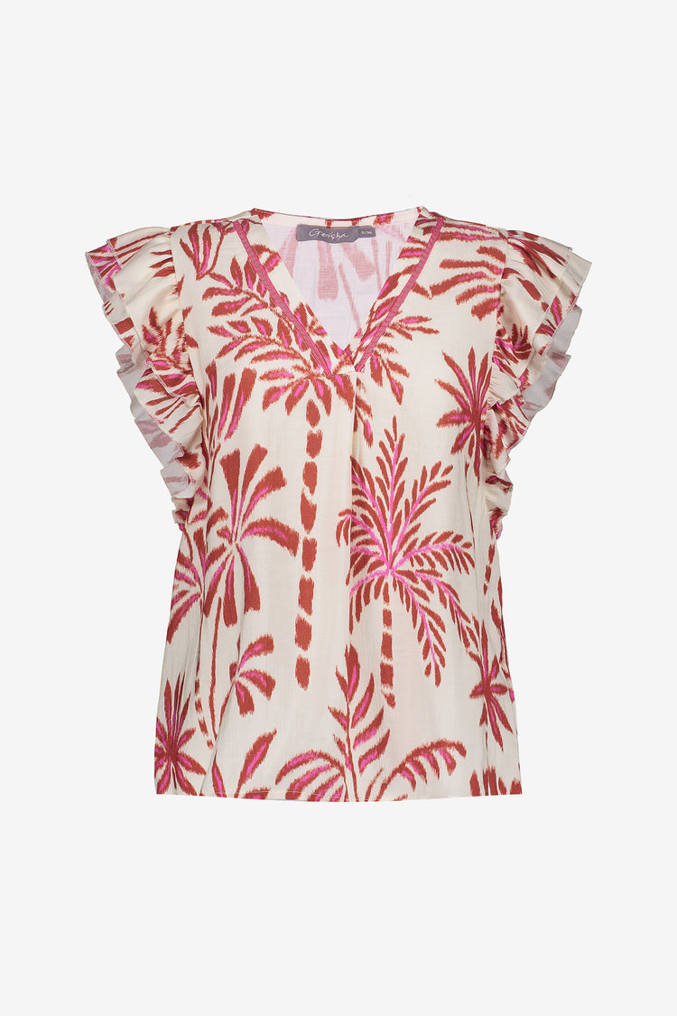 Geisha dames top met grafische palmprint