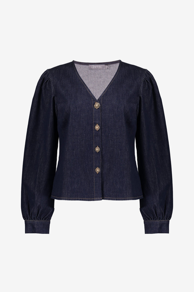 Geisha dames denim blouse met gouden knopen