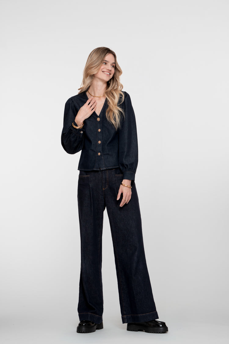 Geisha dames denim blouse met gouden knopen