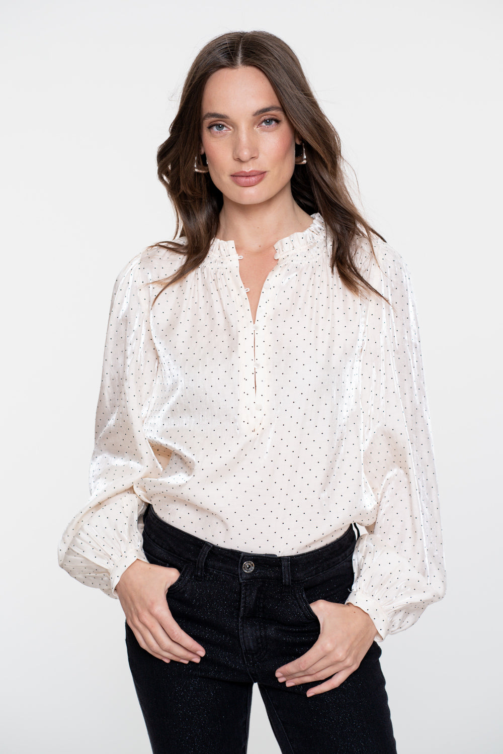 Geisha dames shimmer blouse met polkadots rhinstones