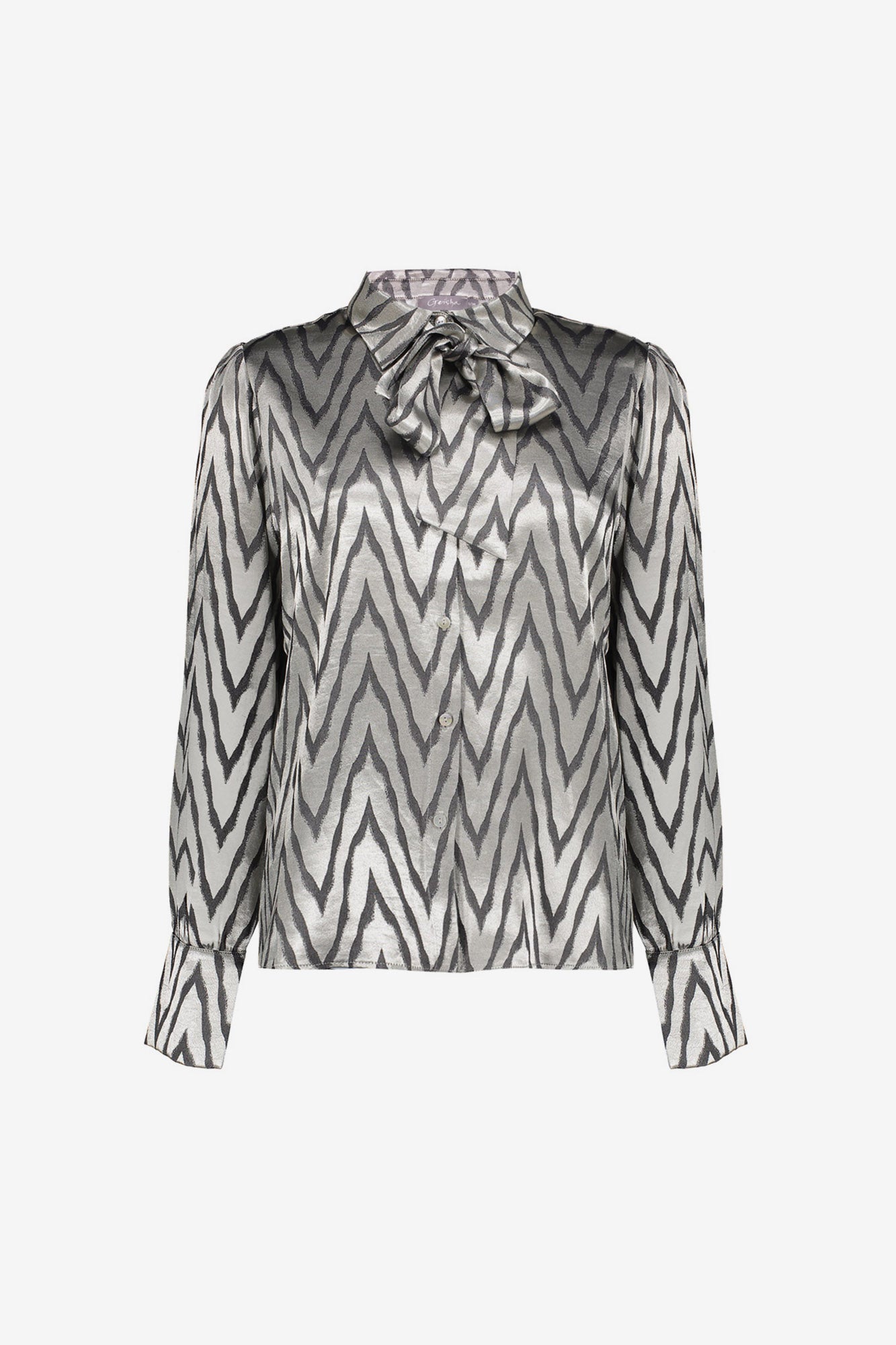 Geisha dames blouse met bow en zigzagprint