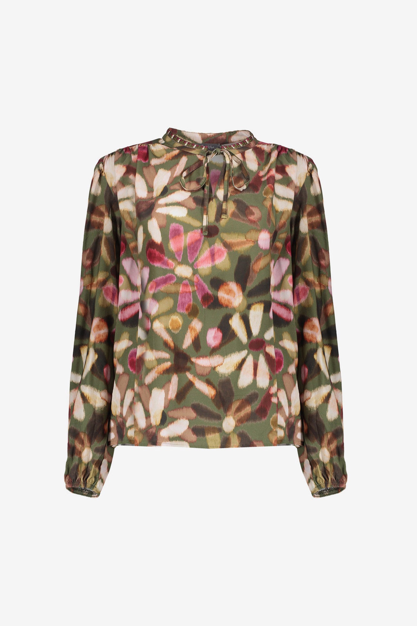 Geisha dames top met sierkoord en ecolineprint