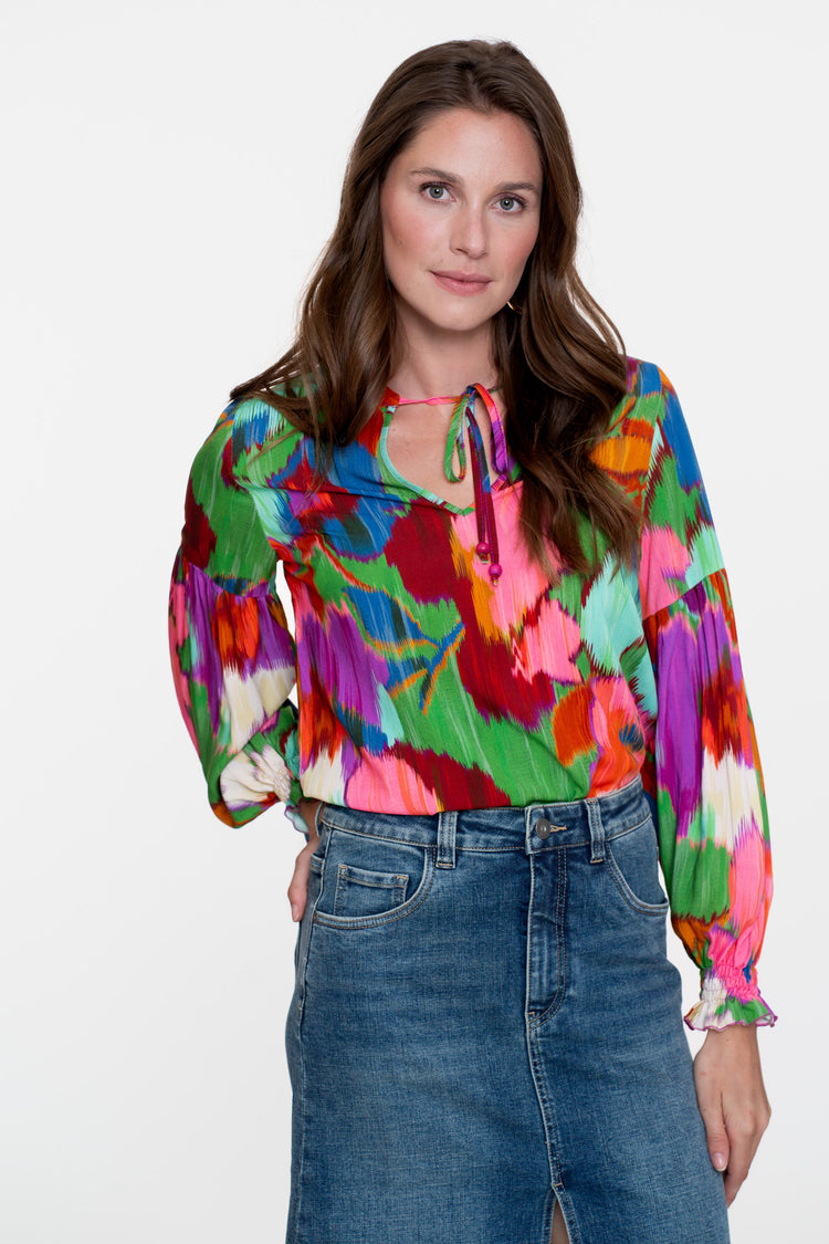 Geisha dames top met ecoline print en sierkoordje