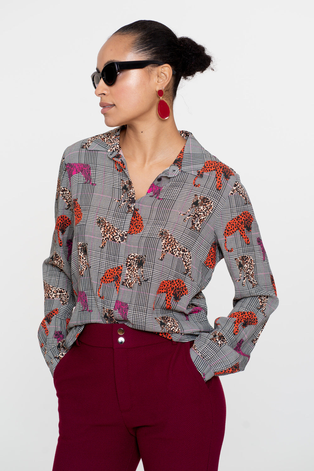 Geisha dames checkered blouse met luipaard