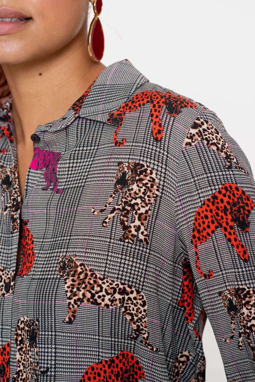 Geisha dames checkered blouse met luipaard