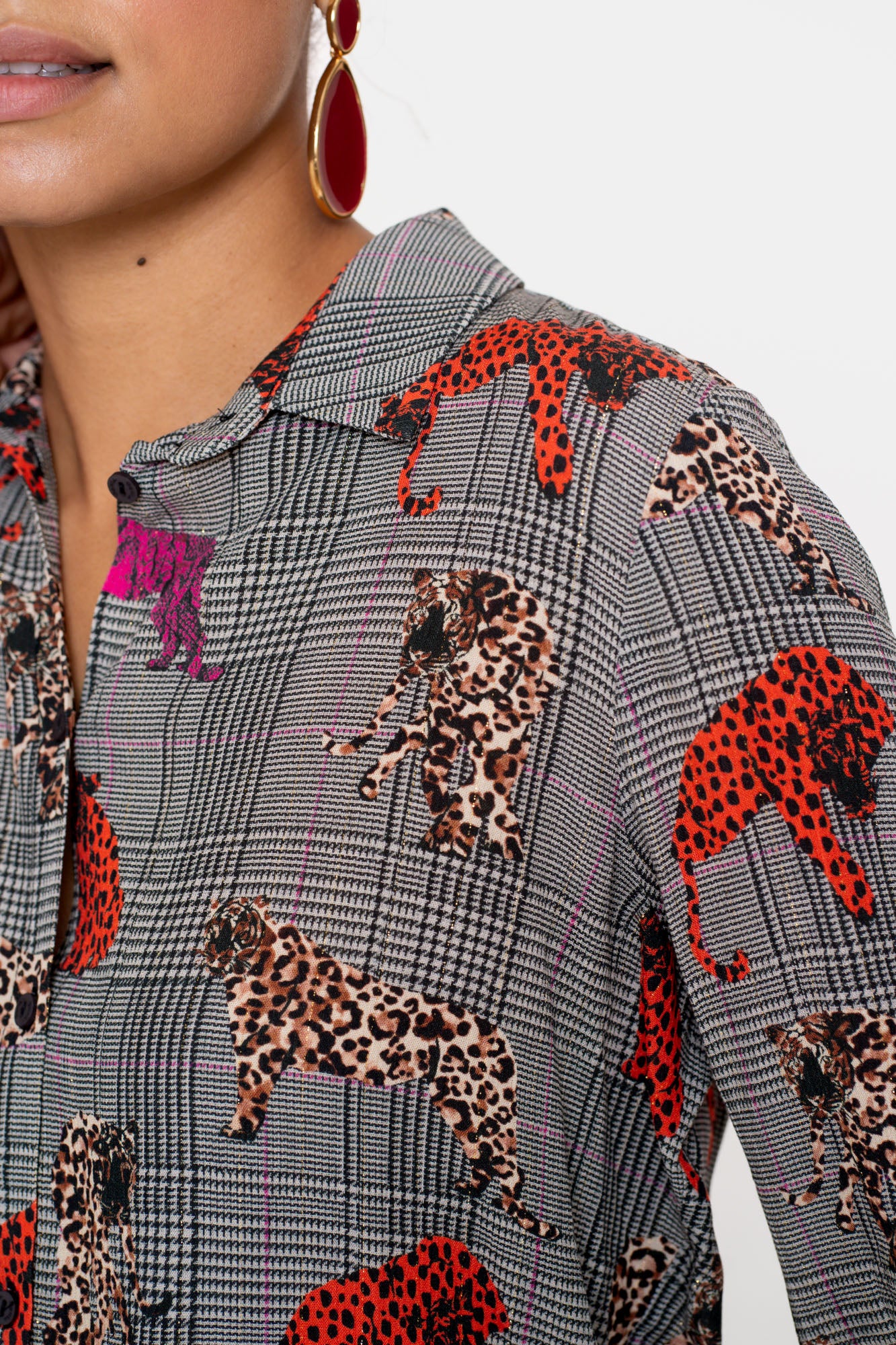 Geisha dames checkered blouse met luipaard