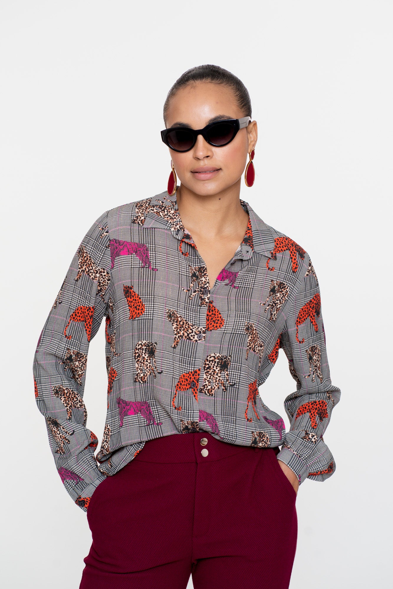 Geisha dames checkered blouse met luipaard