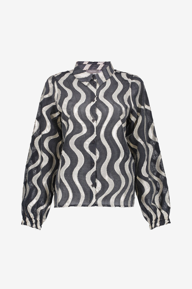 Geisha dames zwarte blouse met metallic waveprint en glanzende details