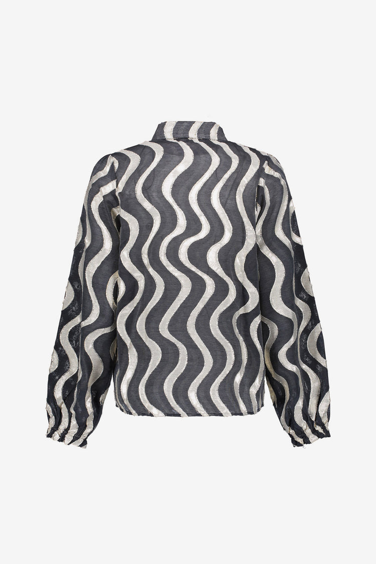 Geisha dames zwarte blouse met metallic waveprint en glanzende details