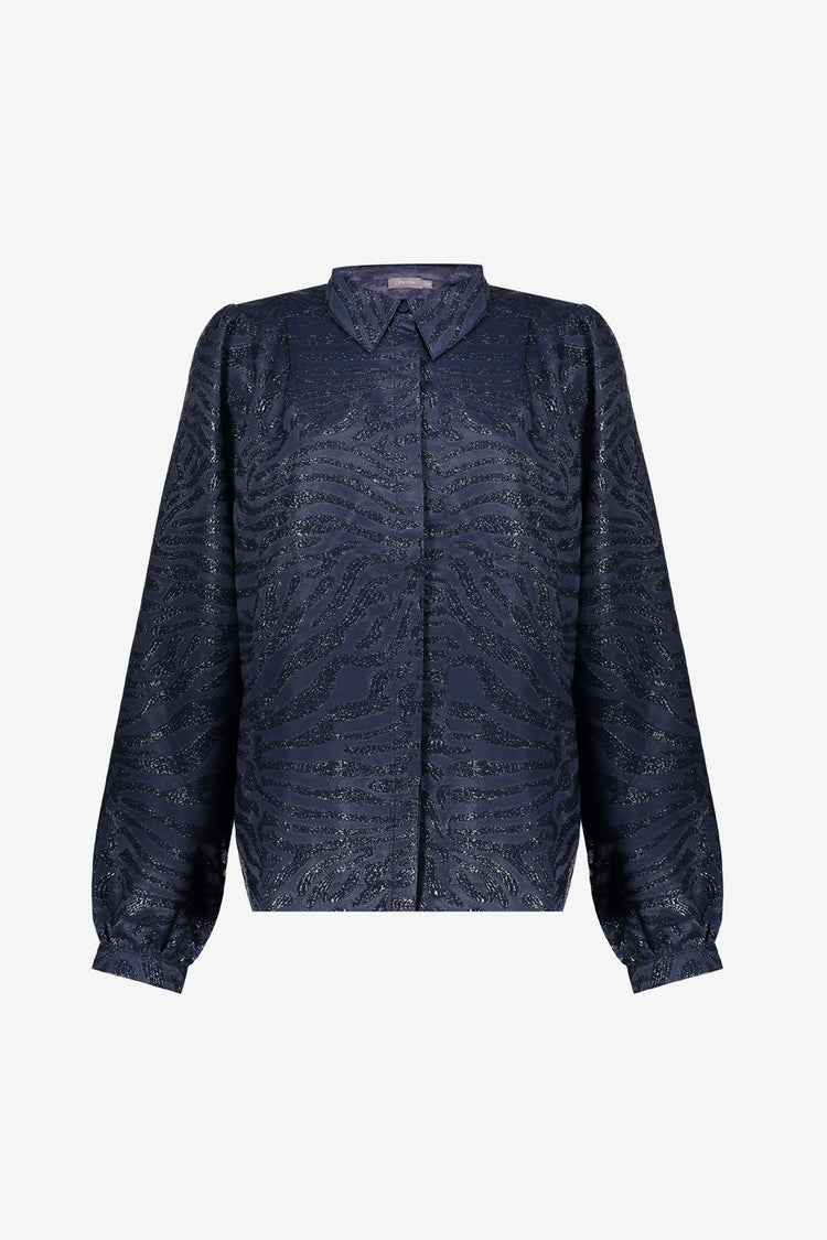 Geisha dames donkerblauwe blouse met glanzende zebra print