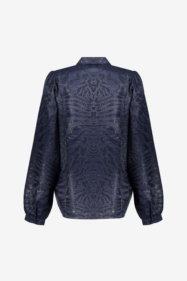Geisha dames donkerblauwe blouse met glanzende zebra print
