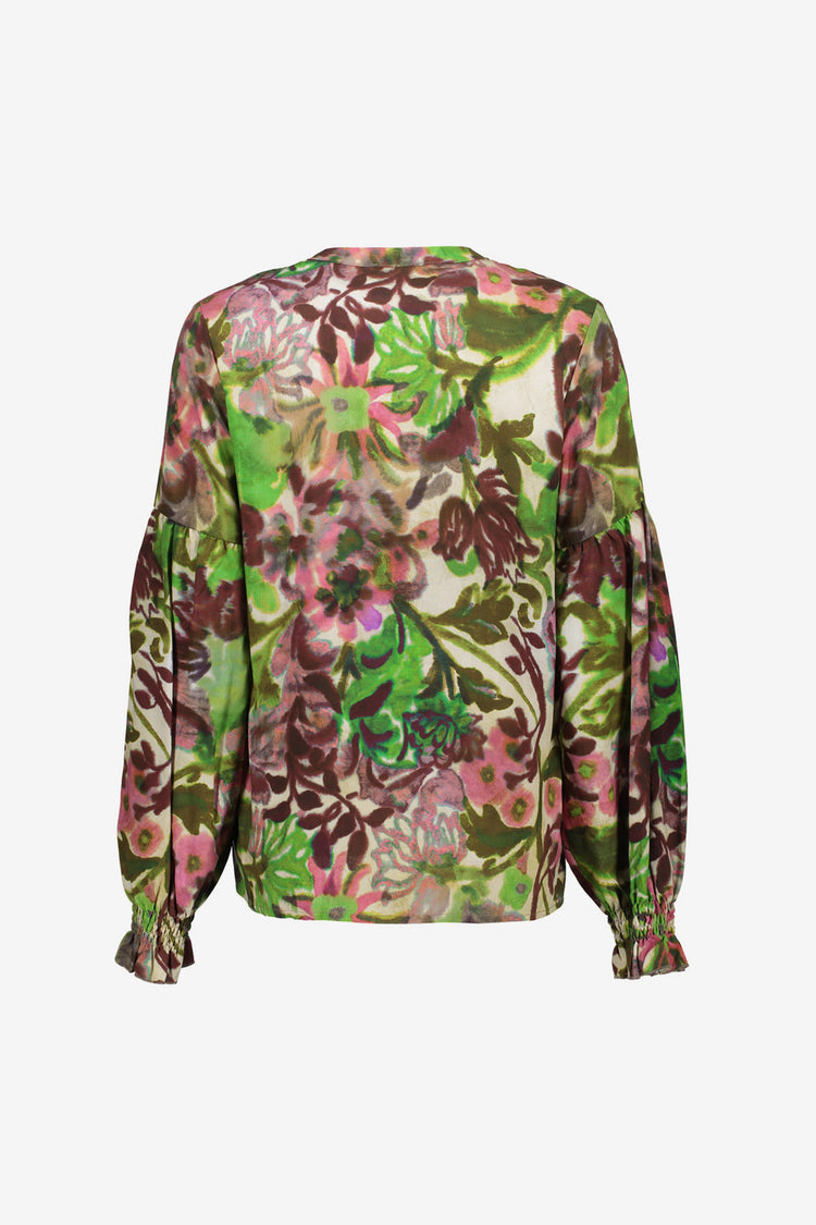 Geisha dames floral blouse met pofmouwen en aquarelprint