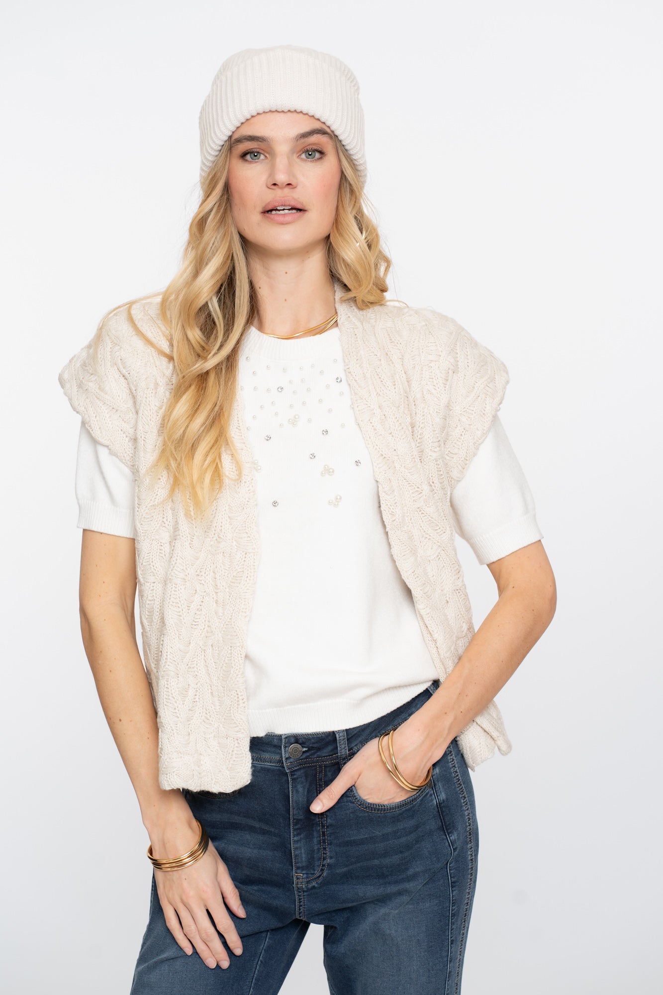 Geisha dames pullover met korte mouwen en parels