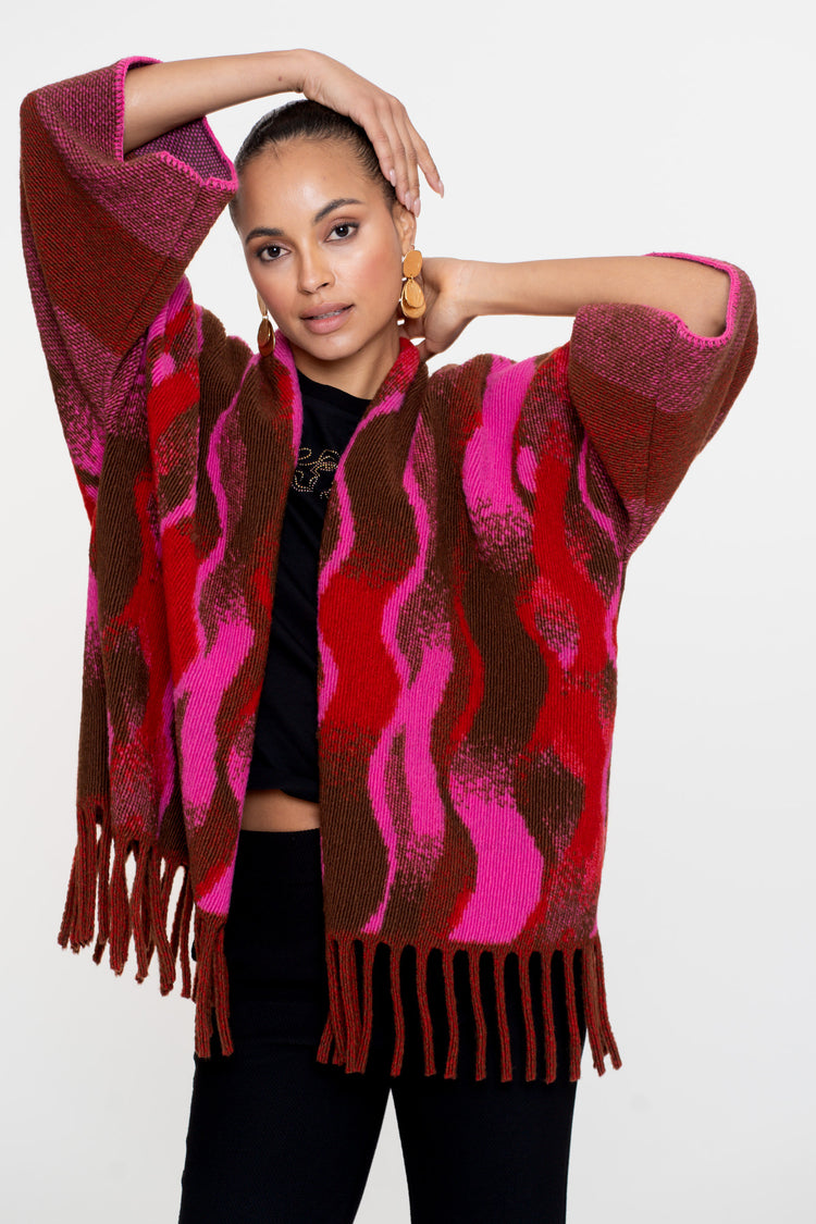 Geisha dames poncho met swirlprint en franjes