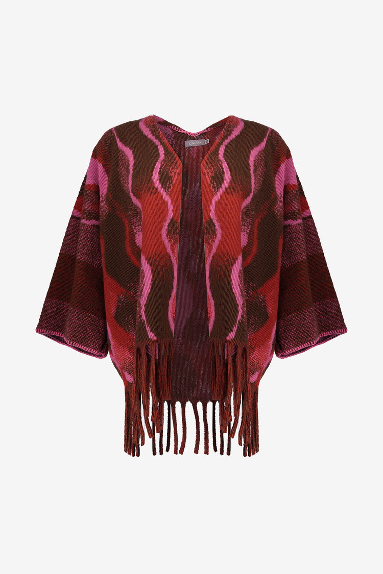 Geisha dames poncho met swirlprint en franjes