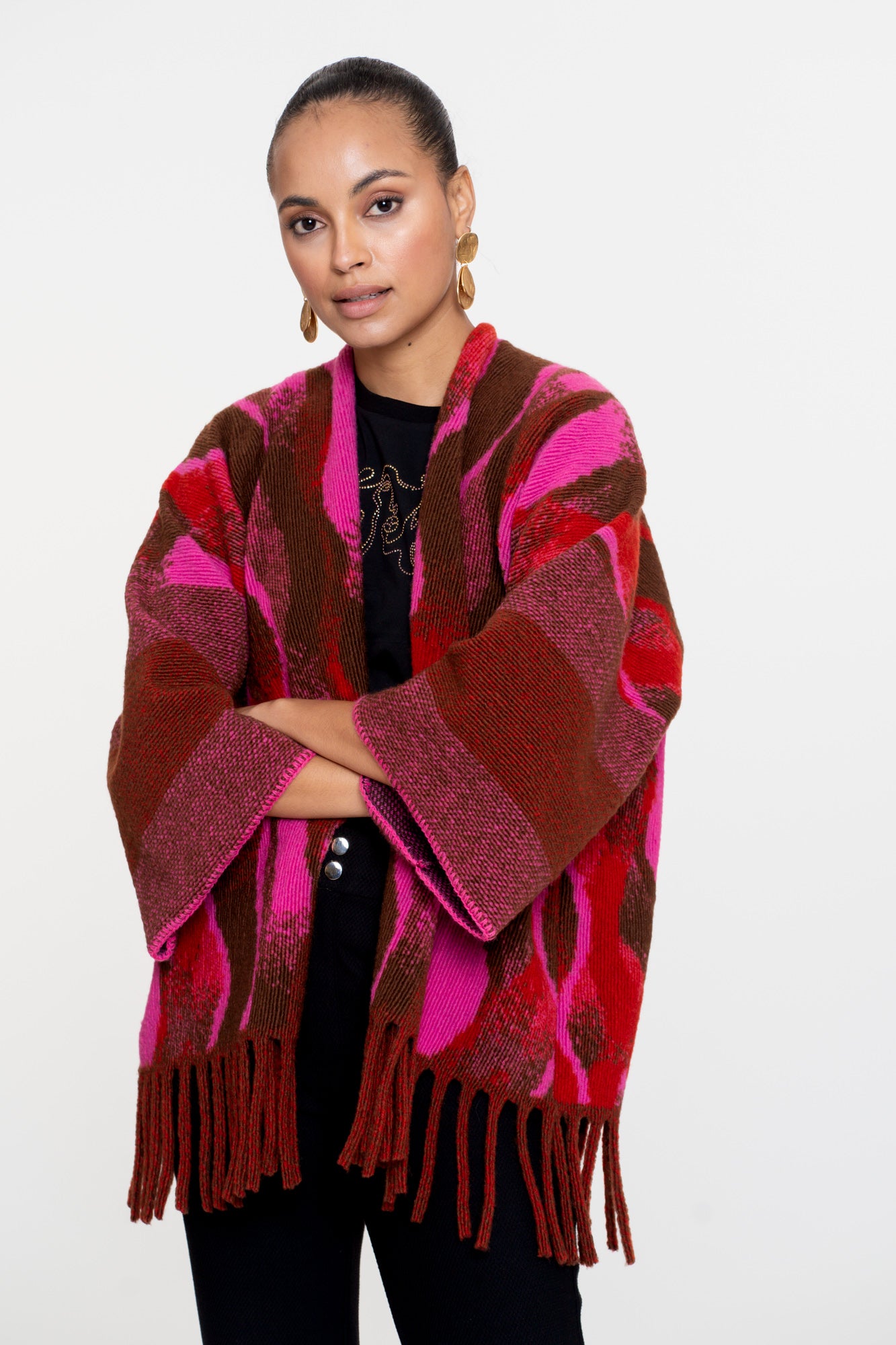 Geisha dames poncho met swirlprint en franjes