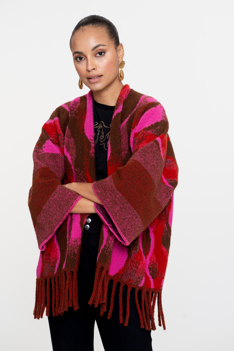 Geisha dames poncho met swirlprint en franjes