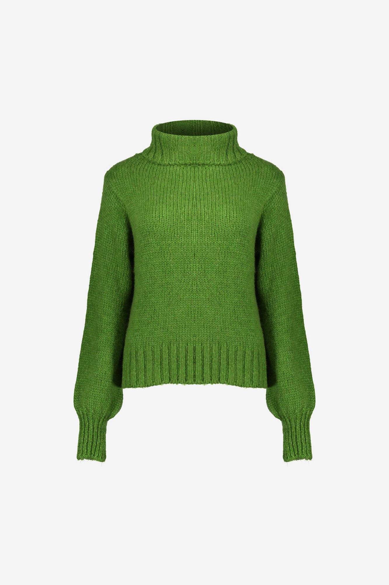 Geisha dames groene gebreide trui met hoge colkraag en ribdetails