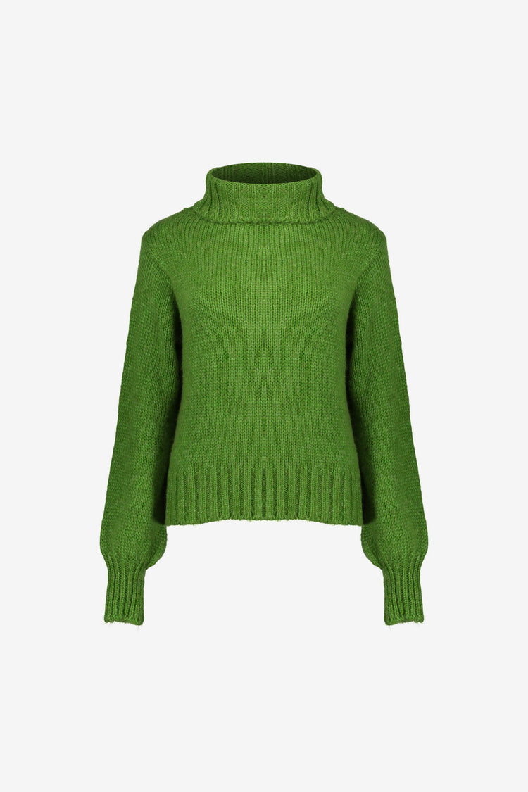 Geisha dames groene gebreide trui met hoge colkraag en ribdetails