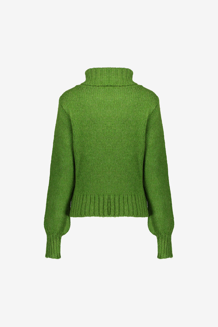 Geisha dames groene gebreide trui met hoge colkraag en ribdetails