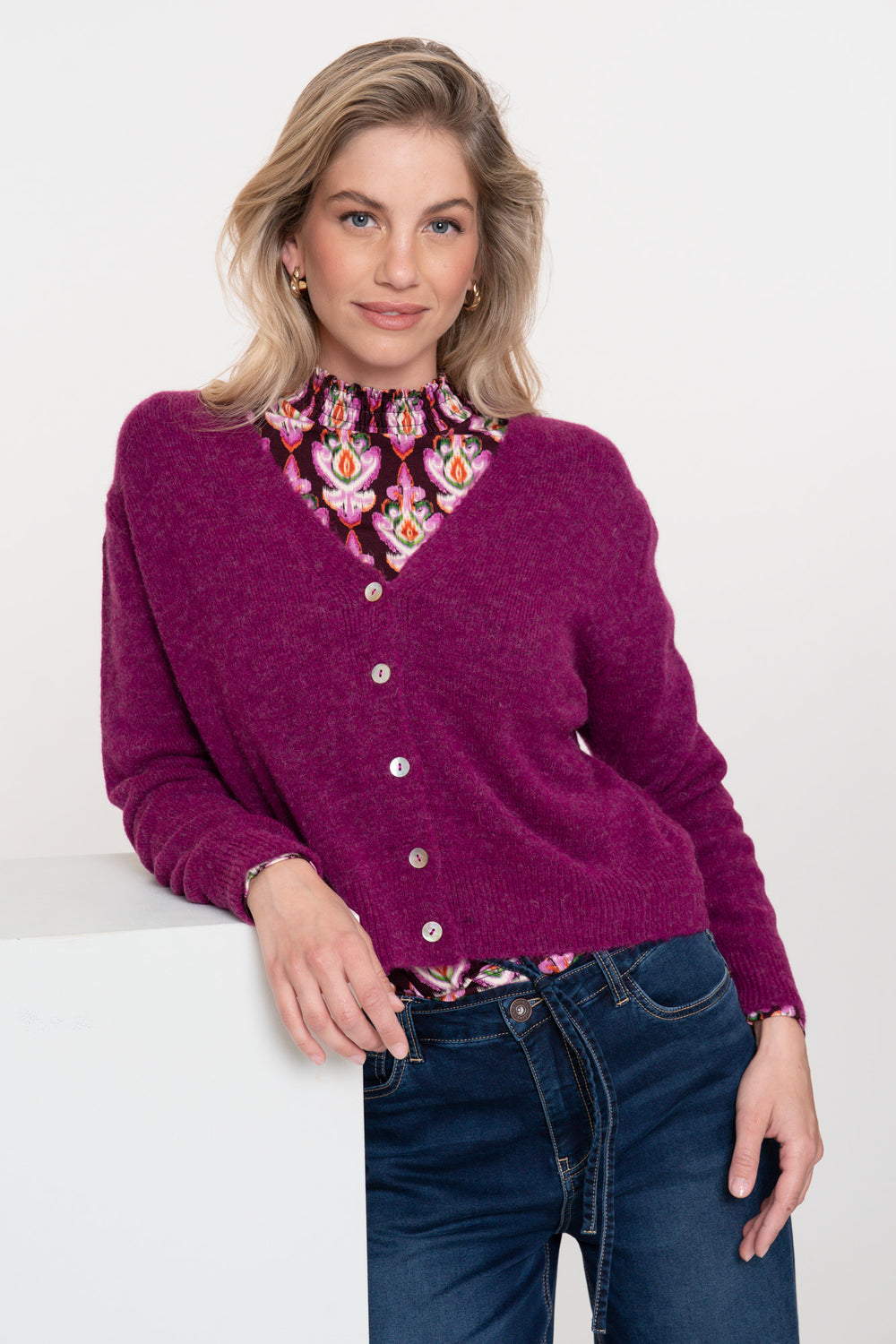 Geisha dames stijlvol paars vest met lange mouwen en V-hals