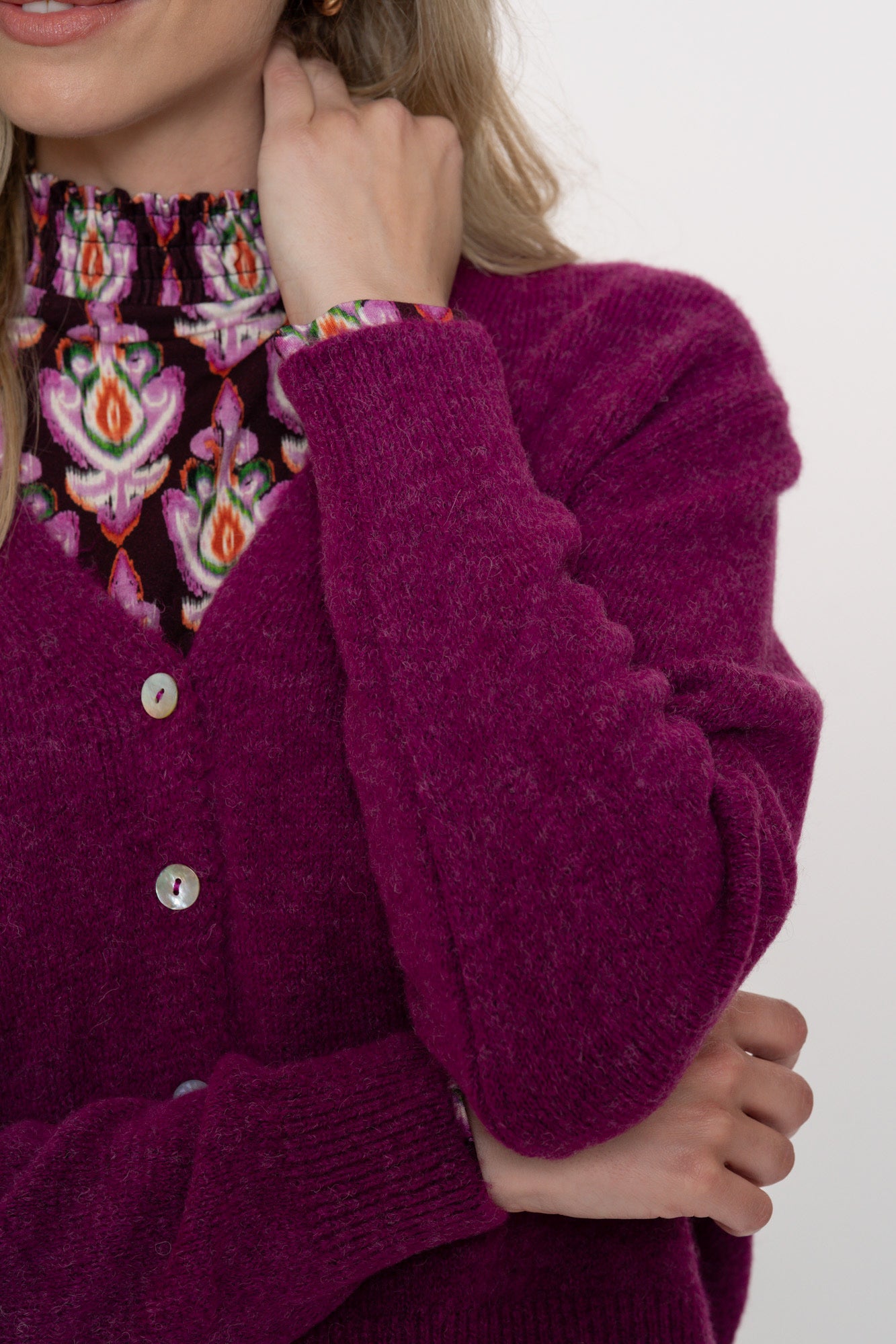 Geisha dames stijlvol paars vest met lange mouwen en V-hals