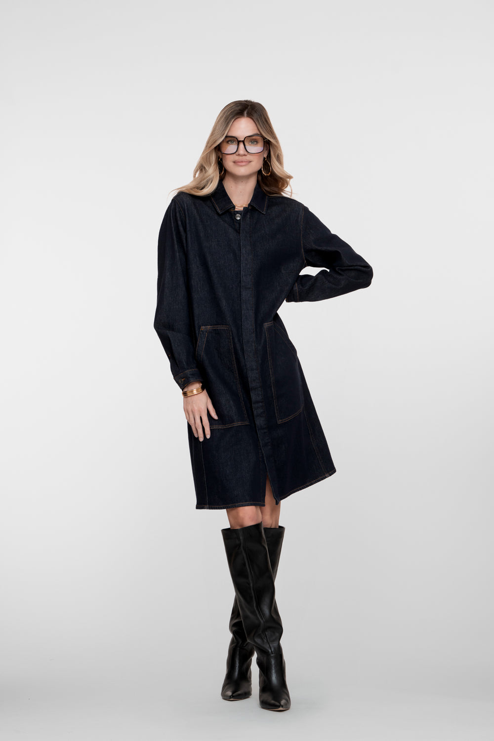 Geisha dames midi denim jurk met opgestikte zakken