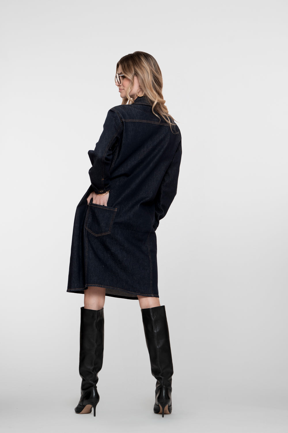 Geisha dames midi denim jurk met opgestikte zakken
