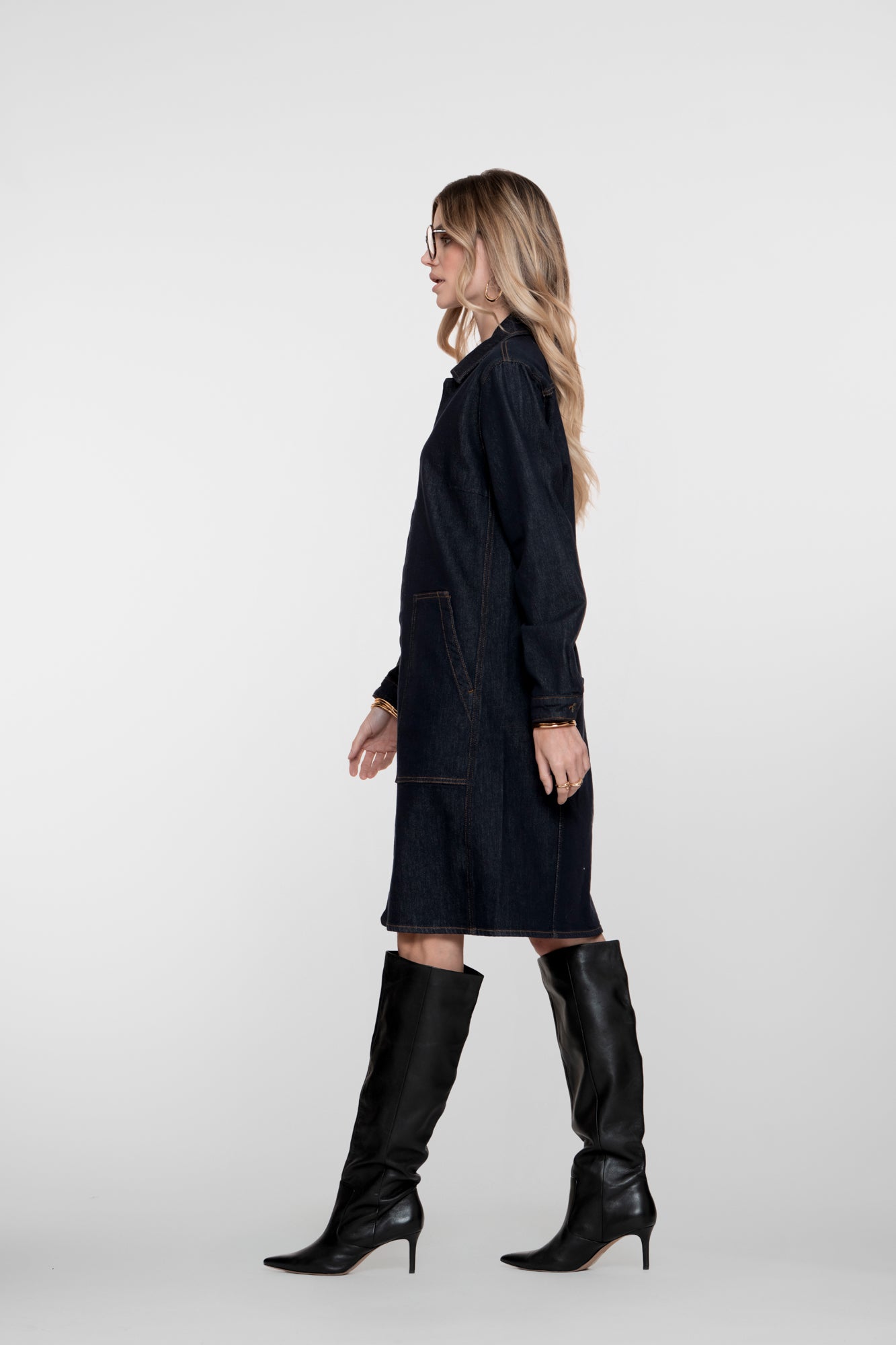 Geisha dames midi denim jurk met opgestikte zakken
