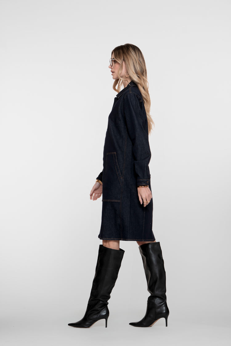 Geisha dames midi denim jurk met opgestikte zakken