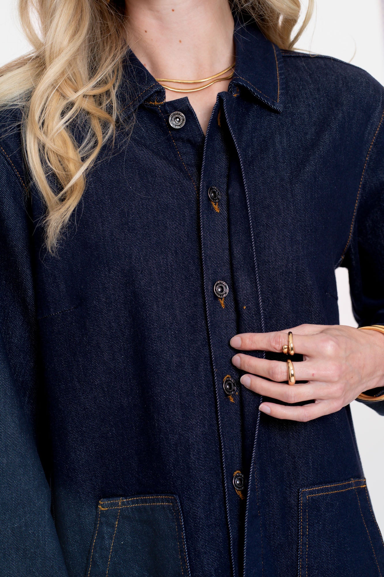 Geisha dames midi denim jurk met opgestikte zakken