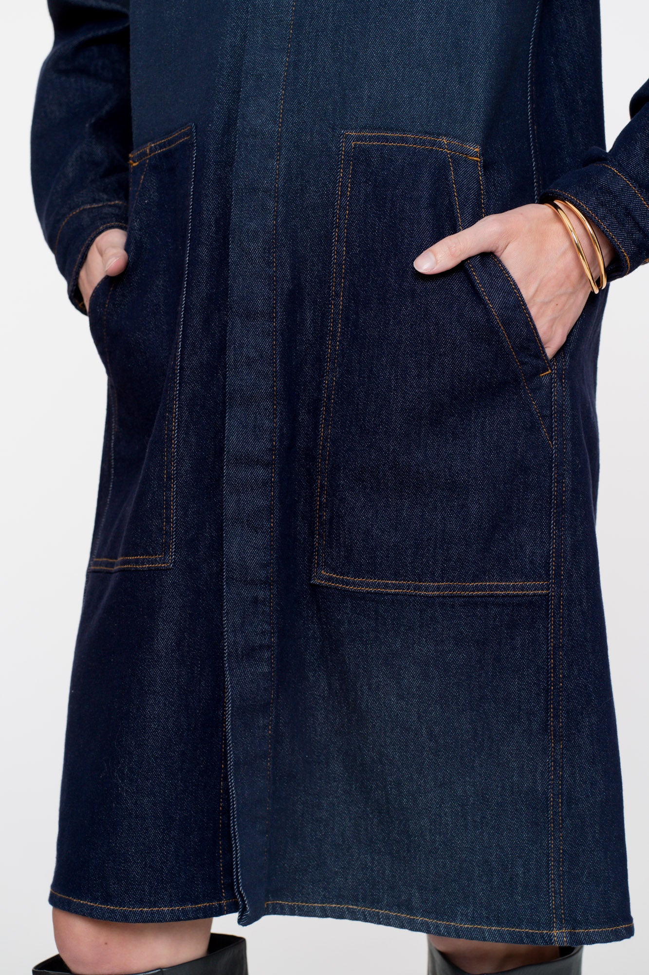 Geisha dames midi denim jurk met opgestikte zakken