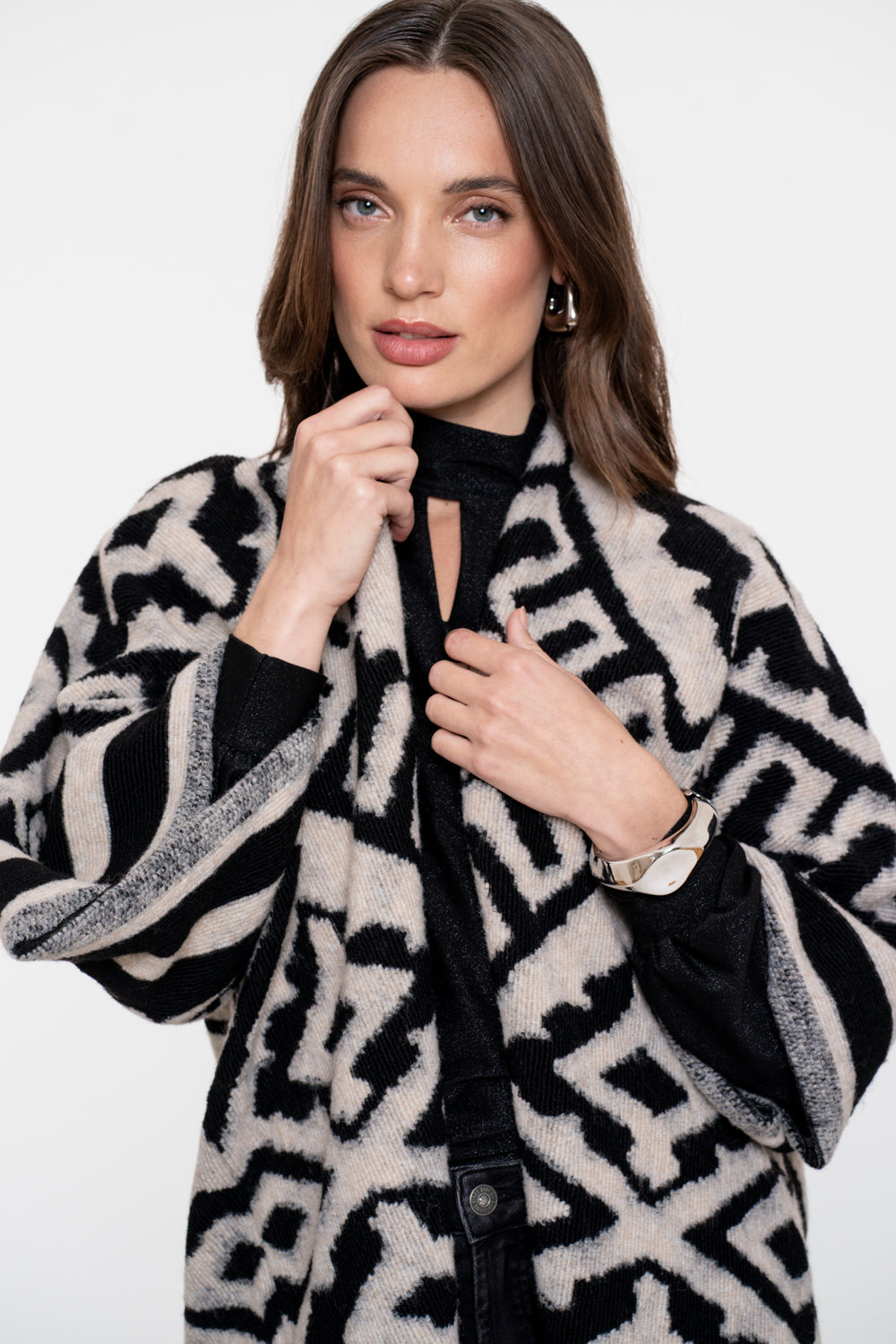 Geisha dames jacquard poncho met franjes