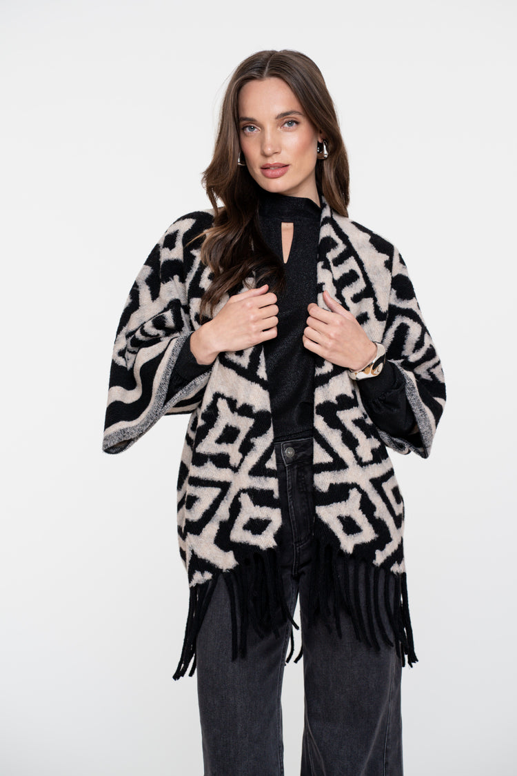 Geisha dames jacquard poncho met franjes