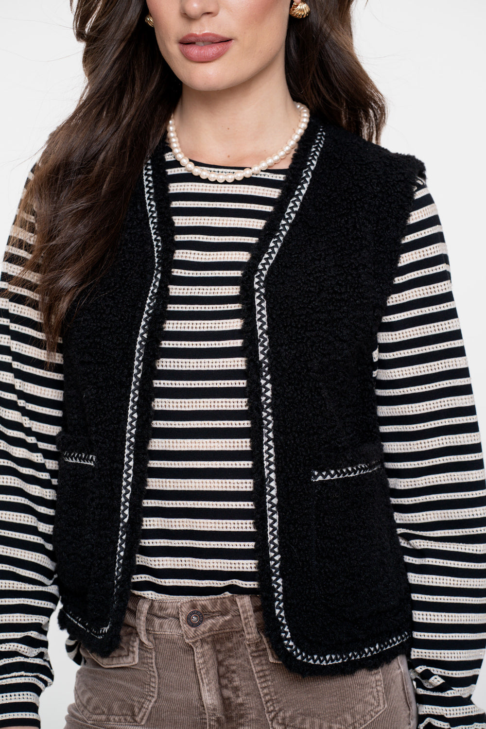 Geisha dames teddy gilet met geweven bies