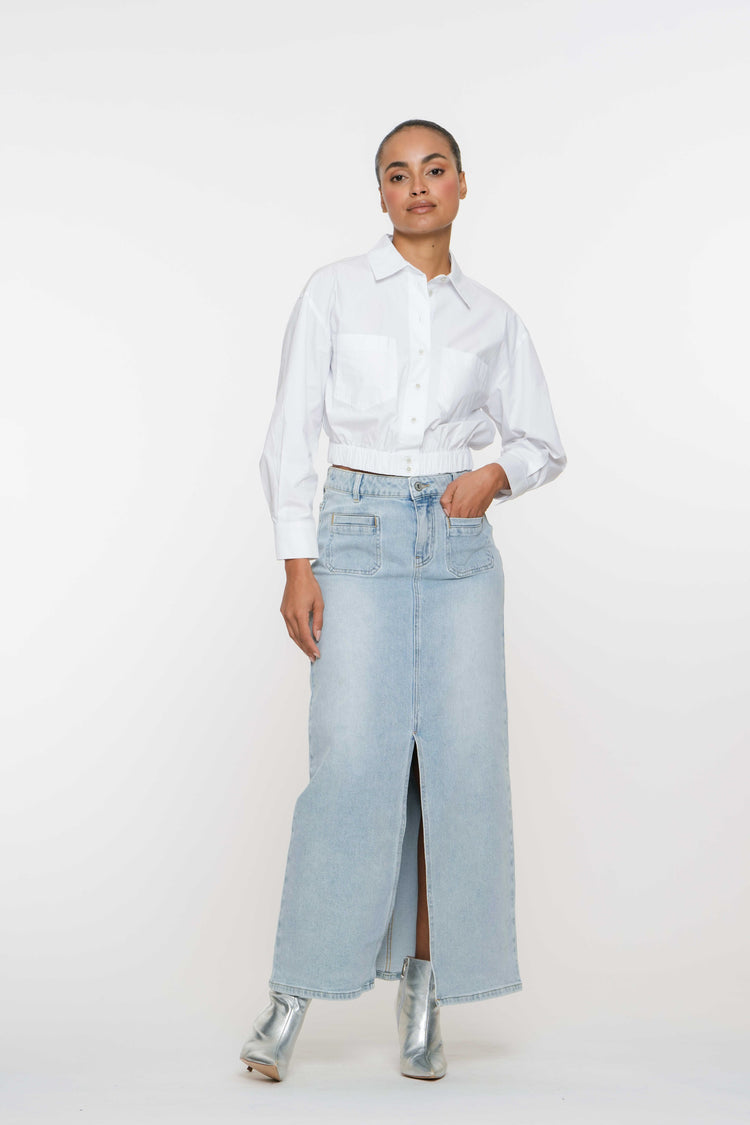 Geisha dames maxi spijkerrok met patch pockets