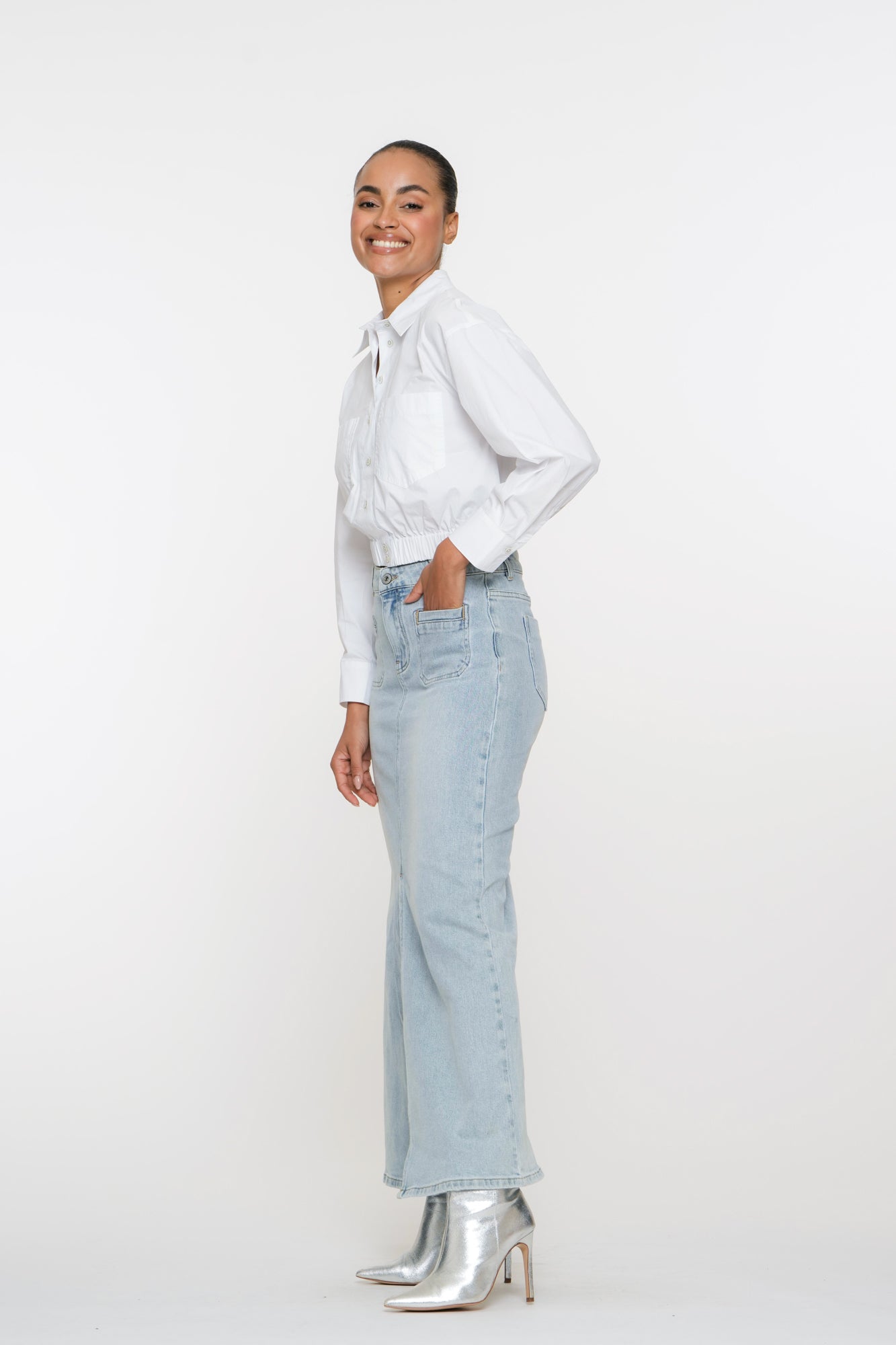 Geisha dames maxi spijkerrok met patch pockets