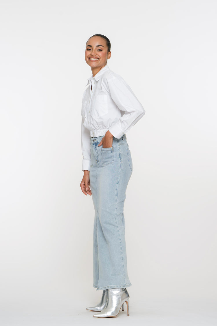 Geisha dames maxi spijkerrok met patch pockets