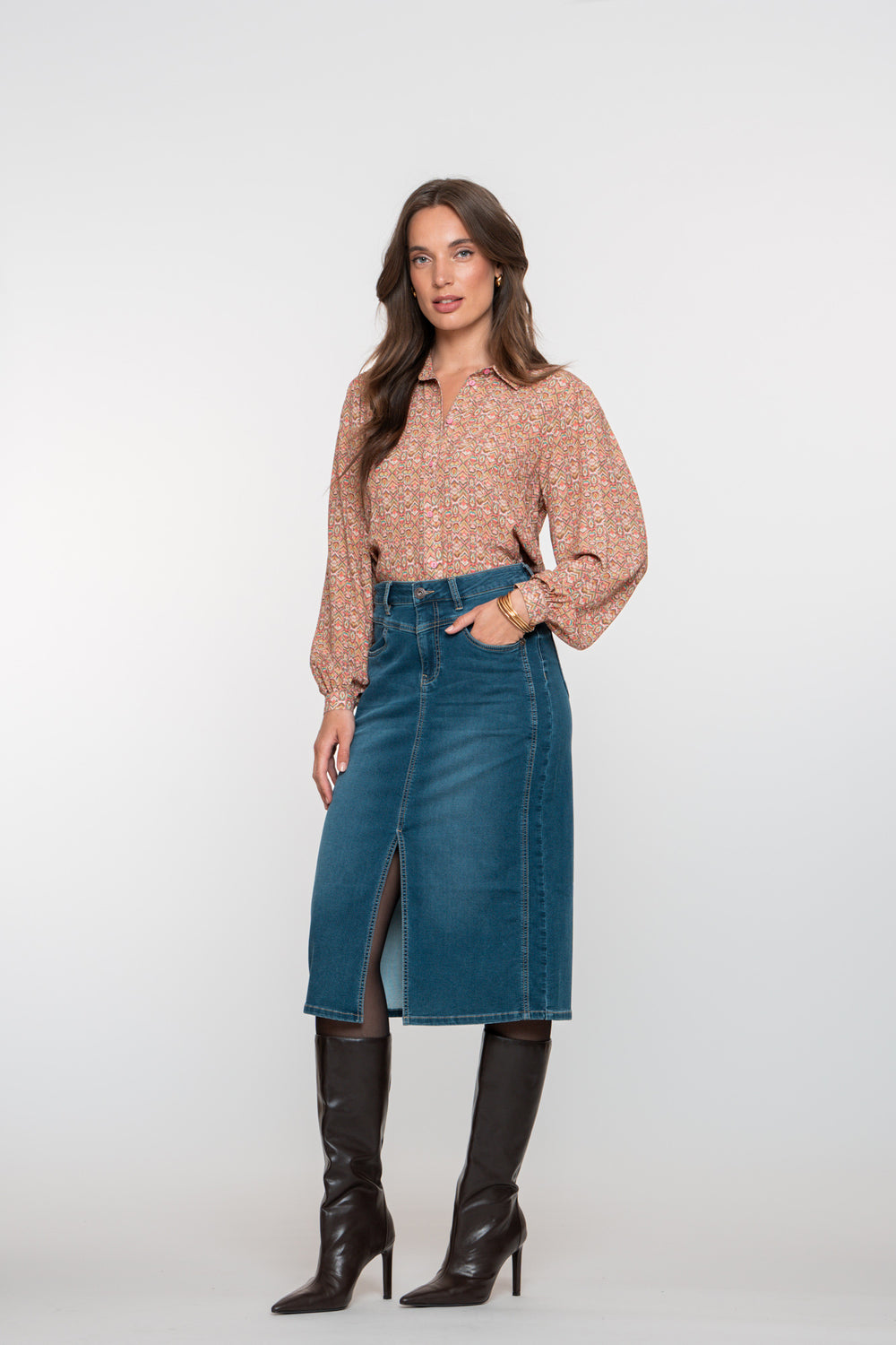 Geisha dames stonewash midi denim rok met split