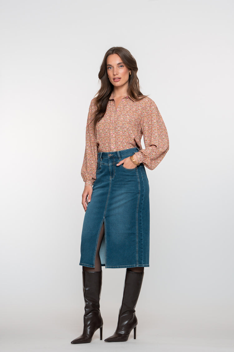 Geisha dames stonewash midi denim rok met split