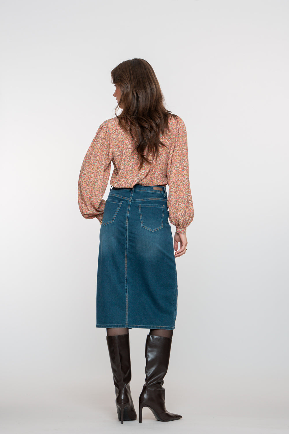 Geisha dames stonewash midi denim rok met split