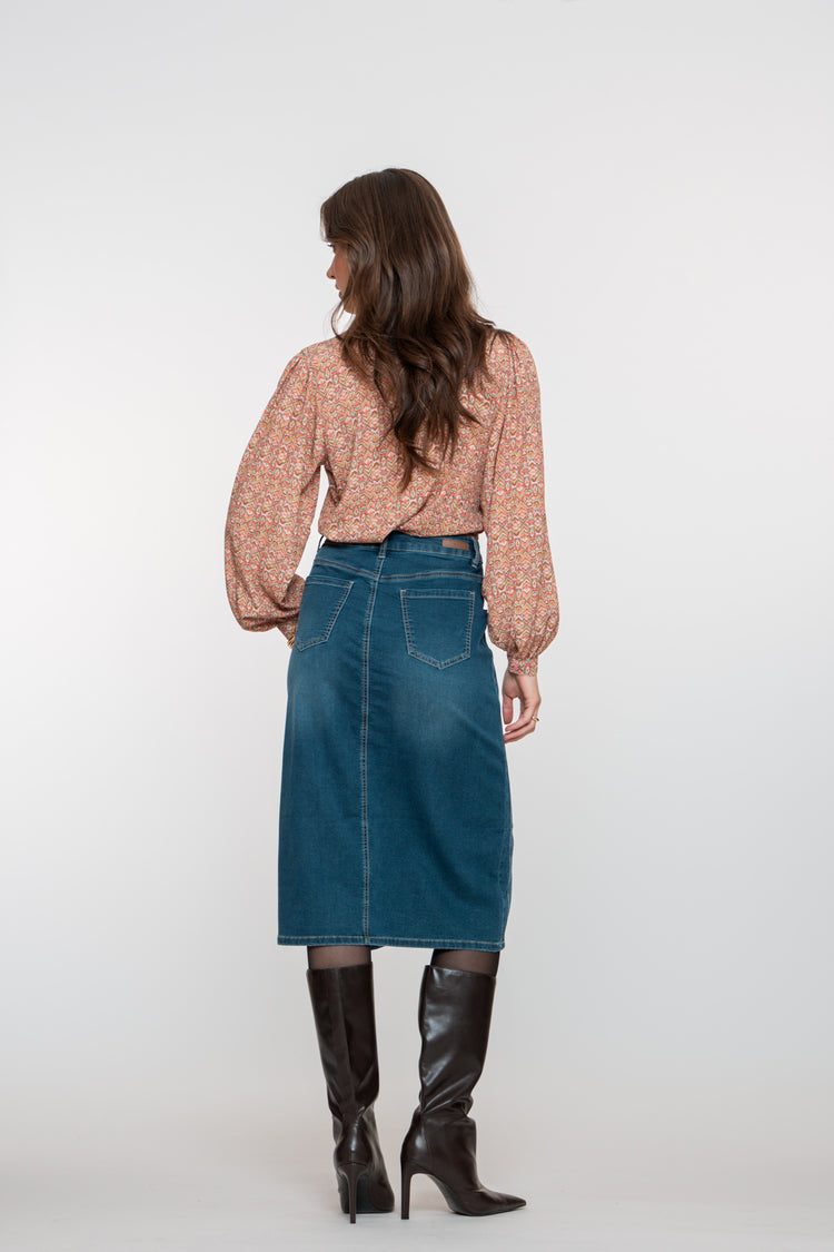 Geisha dames stonewash midi denim rok met split