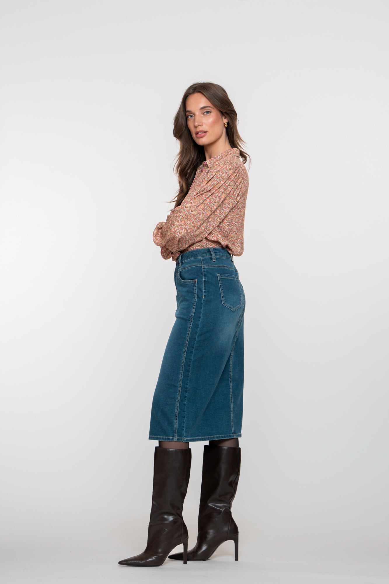 Geisha dames stonewash midi denim rok met split